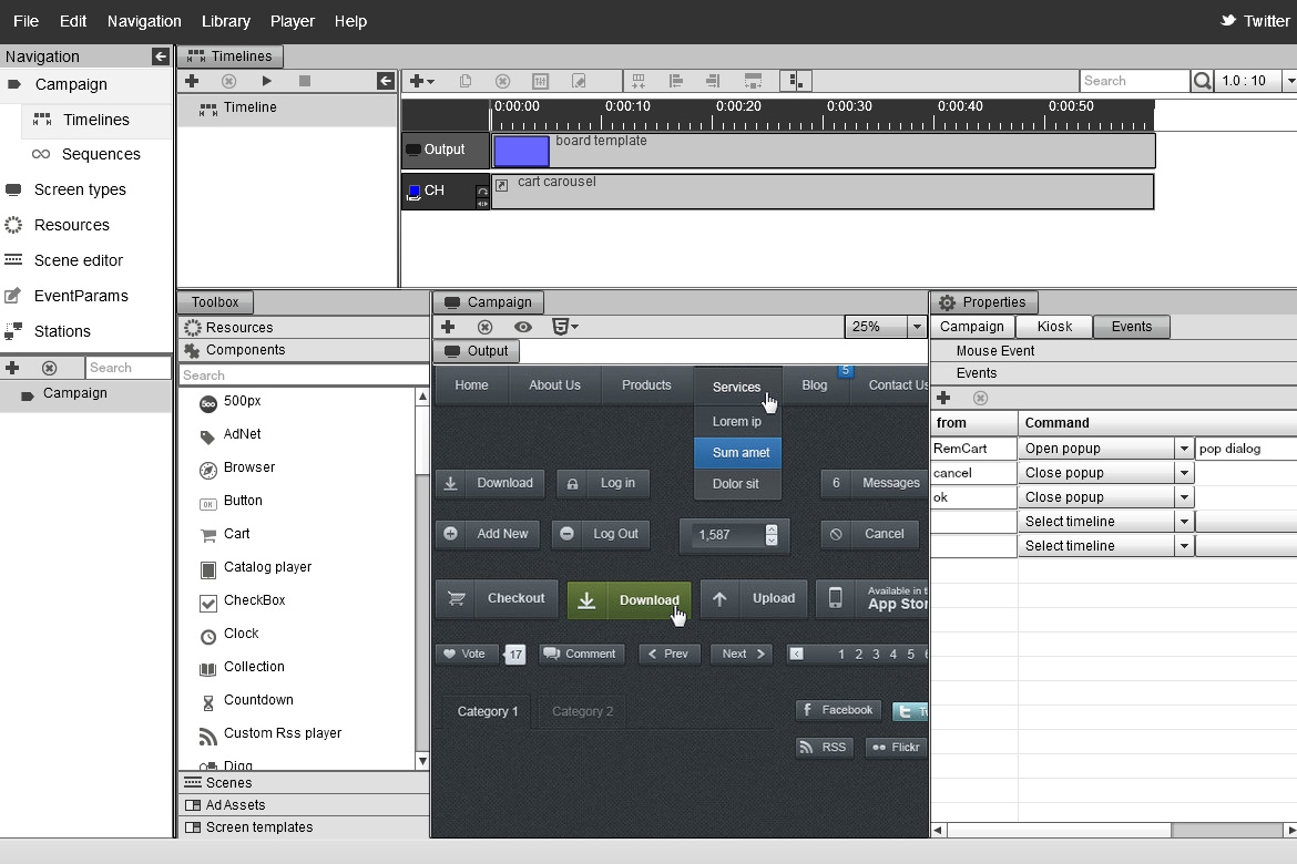 mediaTOUCH scene editor in SignageStudio: touch components wired with events